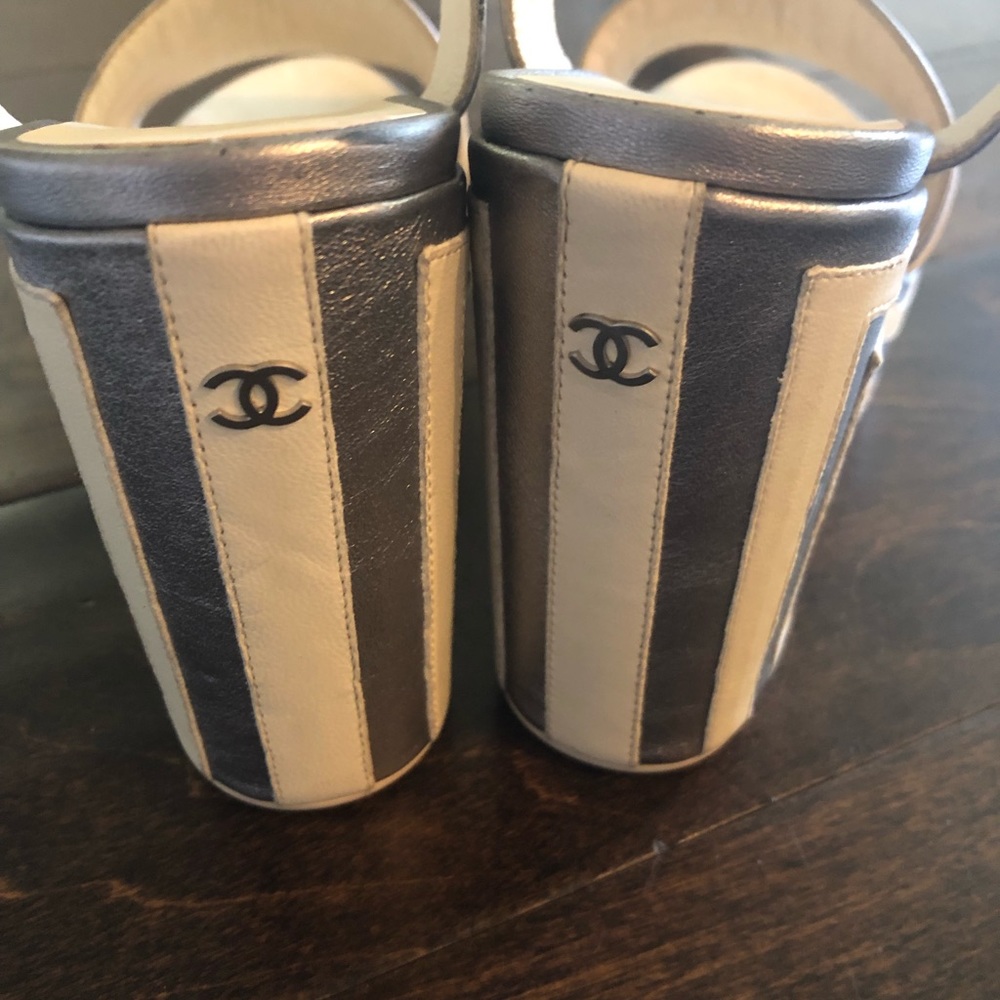 CHANEL Striped Silver White Platform Wedge Shoes - Picture 3 of 7